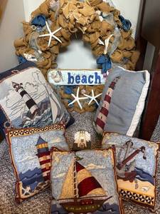 Riverdale Beach Nautical Decor Set - Burlap Wreath, Beach Sign & Cushions