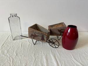 Rustic Wooden Wheelbarrow Decor with Two Crate Planters and Red Ceramic Vase