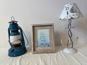 Chicago W.D.D. Hurricane Lantern, Framed Beach Print & Coastal Table Lamp (Lot of 3)