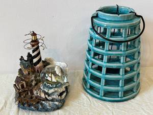 Turquoise Lighthouse Diorama with Coastal Village Snow Globe Base - 9-Inch Tall