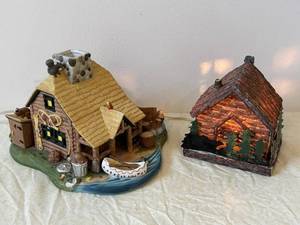 Miniature Village House Diorama with Stone Chimney and Pine Trees - Made in China