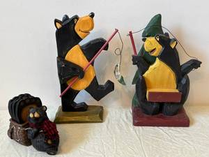 Two Hand-Carved Painted Wooden Animal Figures on Pedestals - Folk Art Sculpture Set