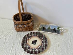 Grizzly Bear Country Decor - Pinecone Basket, Birch Border Plate & Bear Scene Ceramics (Lot of 4)