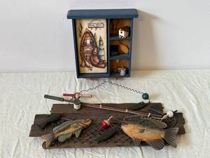 Fish Tales Themed Wall Shelf Display Cabinet with Miniature Fishing Scene Accessories