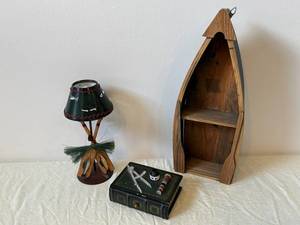 Antique Wooden Triangular Display Shelf with Painted Lantern Lamp & Miniature Tools