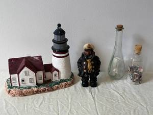 Nautical Miniature Lighthouse with Sailor Figurine, Glass Bottles & Seashells