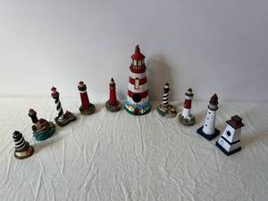 Assorted Lighthouse Figurines Set - Central Red & White Tower with Surrounding Towers