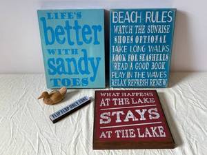 Assorted Beach Sign Decor - Lifes Better With Sandy Toes, Beach Rules & What Happens at the Lake