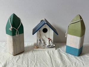 Three Nautical Ship-Shaped Wooden Birdhouses with Rope Handles (Lot of 3)