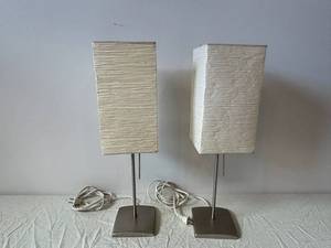 Pair of Mid-Century Modern Wood-Textured Block Shade Table Lamps