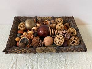 Assorted Dried Botanicals in Handwoven Basket - Pinecones, Seed Pods & Raffia Balls