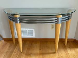 Glass Top Console Table with Wood Legs and Curved Metal Frame