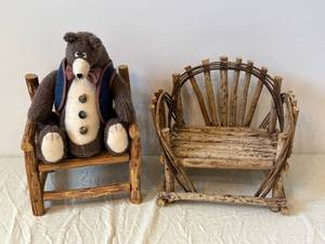 Vintage Teddy Bear on Rustic Log Bench with Navy Vest and Red Plaid Bow Tie