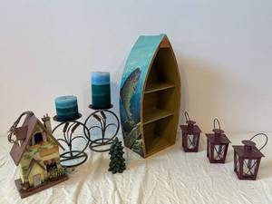 Assorted Nautical Decor - Hand-Painted Arched Shelf with Fish Motif, Candles & Lanterns