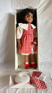 Doll in Box with Red Plaid Dress, White Collar and Red Shoes