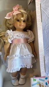 Gotz Doll Blonde Hair in White Lace Dress with Pink Satin Sash
