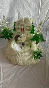 Winter Village Snow Globe Scene with Cottage and Trees