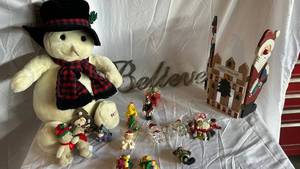 Assorted Christmas Ornaments - Plush Snowman, Santa, Angel & Village Decor