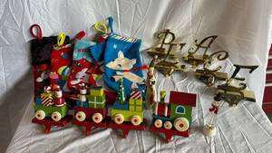 Assorted Christmas Decor - Stockings, Wooden Train Set & Noel Sign