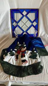Blue Geometric Stained Glass Panel with Chain and Crystal Candle Holders