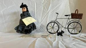 Vintage Doll with Dotted Dress & Miniature Metal Bicycle with Basket (Lot of 4)