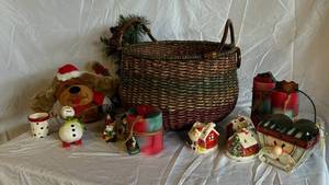 Assorted Christmas Decor - Handcrafted LED House Figures, Snowmen & Woven Basket