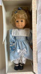 Gotz Doll in Blue Lace Dress with White Lace Bib and Hair Bow
