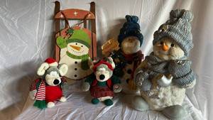 Christmas Decor Assortment - Snowmen & Plush Dogs on Wooden Sled Display
