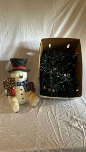 Snowman Figurine with Let It Snow Sign & Christmas String Lights
