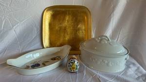Deshouliere Porcelaine France Oven-To-Table Serveware - Tureen, Gold-Trim Tray, Fruit-Platter & Egg