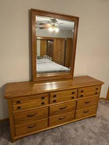Oak Wood Dresser with Mirror - Large Traditional Vanity Cabinet