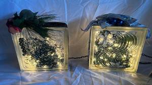 Assorted LED-Illuminated Glass Blocks with Ribbon & Greenery (Lot of 2)