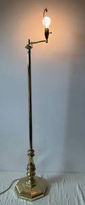 Antique Brass Floor Lamp with Adjustable Arm and Bare Bulb - Octagonal Base