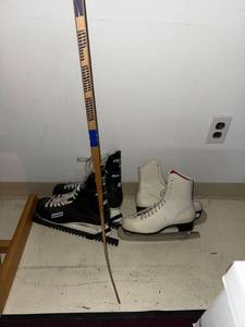 Christian Pro-130 Wood Hockey Stick, Riedell 81 Skates and Figure Skating Lot