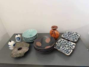 Mixed Studio Pottery Ceramic Decor Lot Bowls Plates Vase Bells Stone