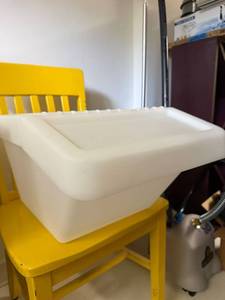 White Plastic Storage Container Bin with Hinged Cover Lid Utility Tote