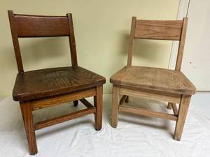 Pair of Small Oak Ladder Back Chairs Child Size Primitive Style