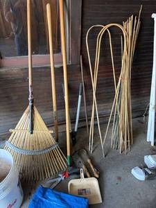 Mixed Garden Tool Lot Rakes Bamboo Stakes Loppers Tarp Bucket Good