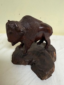 Hand-Carved Wood Bison Figurine on Natural Wood Base