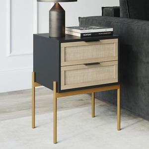 Nathan James Andrew 19 in. W Black Rattan End or Side Table with Storage Doors and Gold Accents for Bedroom or Living Room