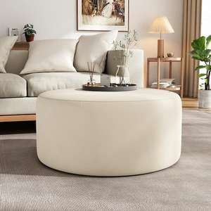 CHRISTOPHER KNIGHT HOME Cream Soft Velvet Modern Round Accent 30 in. Ottoman, No Assembly Required
