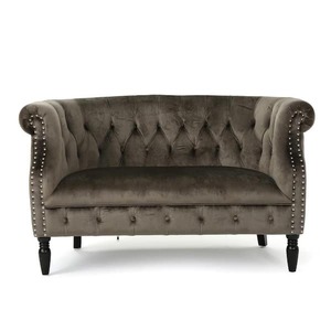 Noble House Milani 52 in. GrayDark Brown Velvet 2-Seat Loveseat with Nailhead Trim