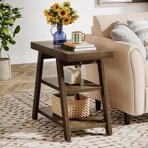 BYBLIGHT Kerlin 23.62 in. Rustic Brown Rectangular Wood End Table, 3 Tier Farmhouse Side Tables with Storage Shelf for Home