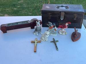 Mixed Lot - Wooden Crucifix, Metal Cross, Storage Box & Ceramic Animal Figurines