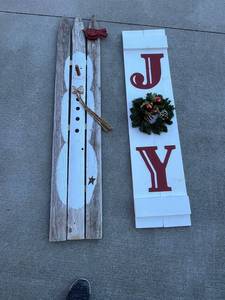 Rustic Holiday Wood Signs - Snowman Panel and JOY Sign with Wreath (Lot of 2)