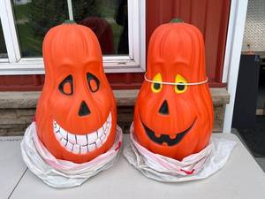 Two Large Jack-O-Lantern Halloween Props - Hollow Plastic Pumpkins for Outdoor Display