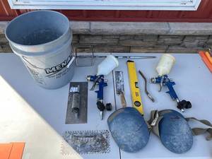 Assorted Tools & Hardware - Tool Shop Level, Spray Guns, Rubbermaid Bucket