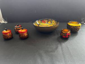 Berezka Khokhloma Style Russian Lacquered Wood Bowl & Lidded Jars Set