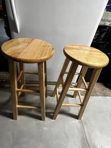 Pair of Round-Seat Wooden Stools with Foot Rests - 30 Tall