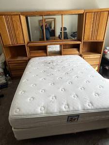 Blackhawk Furniture Oak Finish Wardrobe  Wall Cabinet with Center Mirror - queen sz mattress & frame optional